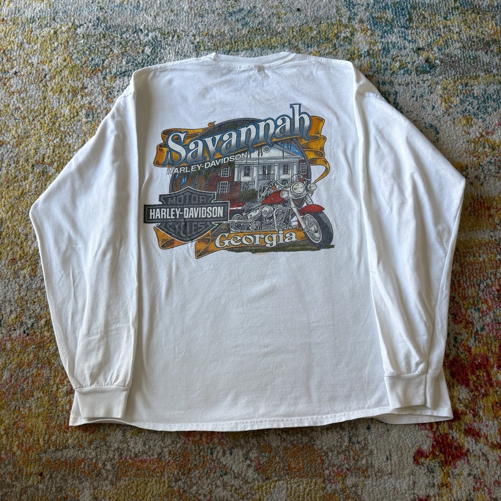 Y2K 2000s Harley Davidson Savannah Georgia Long Sleeve Shirt White Mens XL